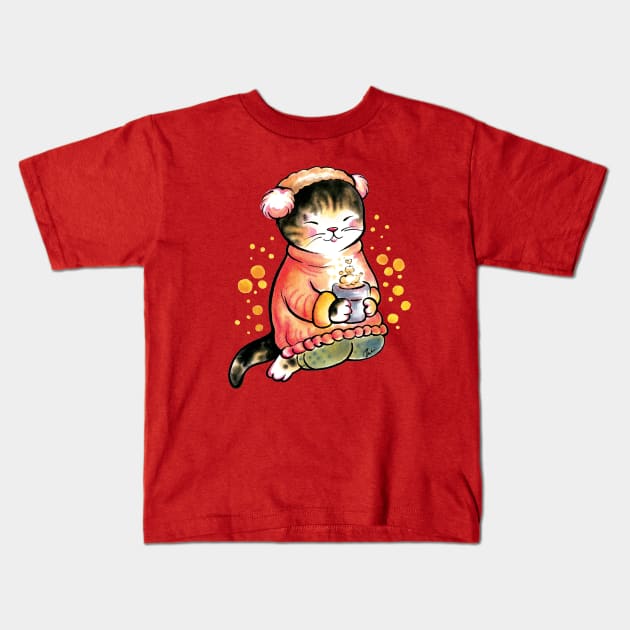 Cat with sweet hot drink Kids T-Shirt by juliewu